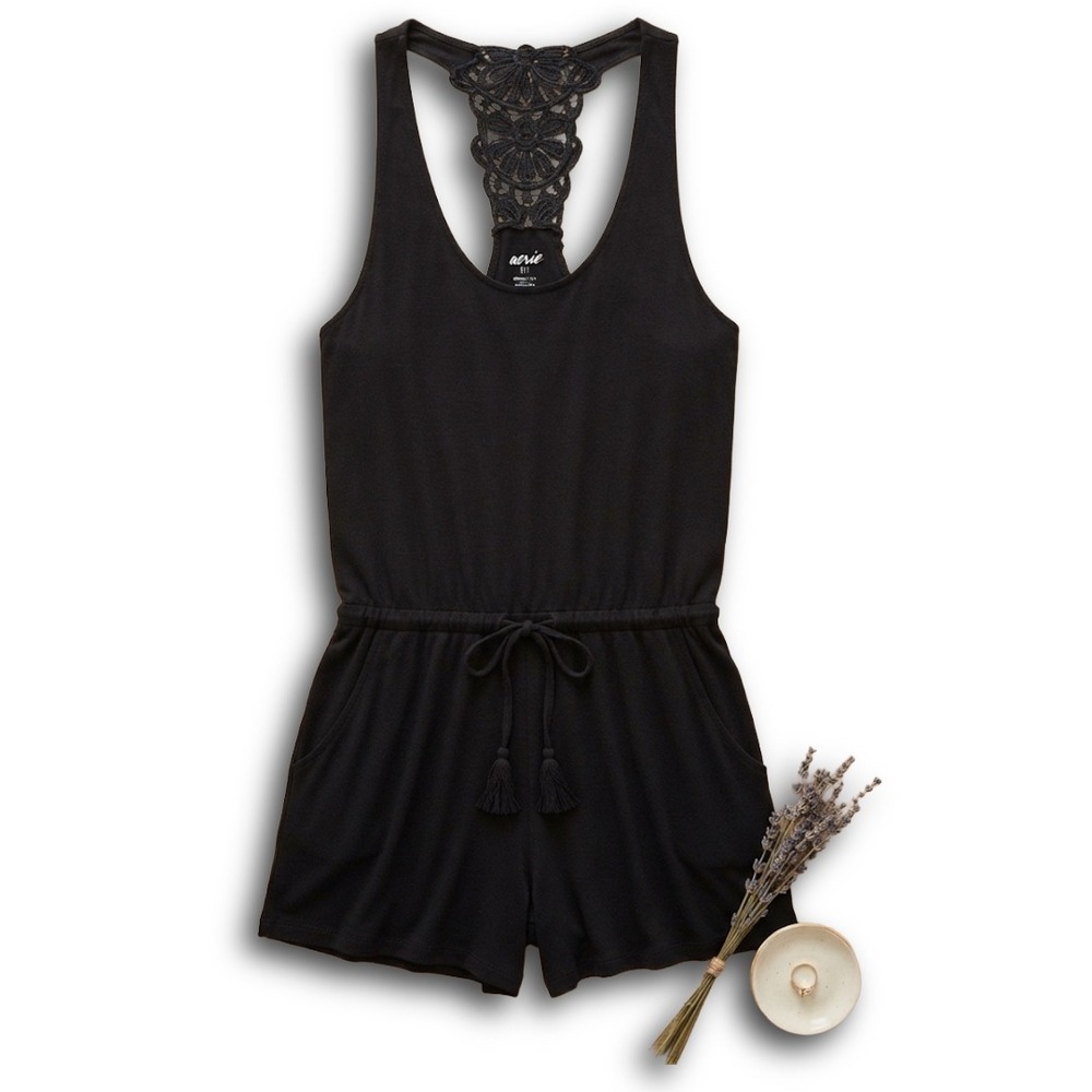 Aerie Black Crochet Lace Racerback Romper Sleeveless Tassel Tie Waist Small